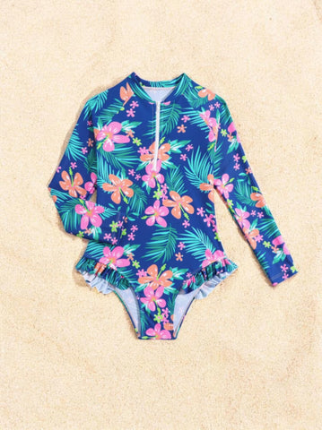 Girls Long Sleeve Palm Leaf Swimsuit