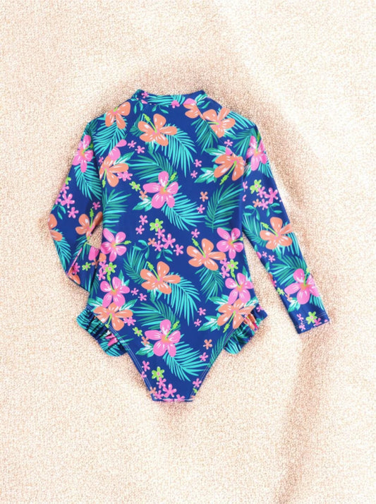 Girls Long Sleeve Palm Leaf Swimsuit