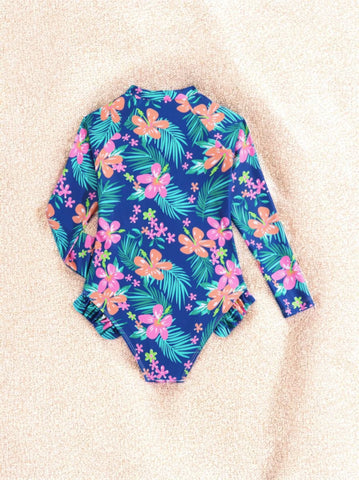 Girls Long Sleeve Palm Leaf Swimsuit