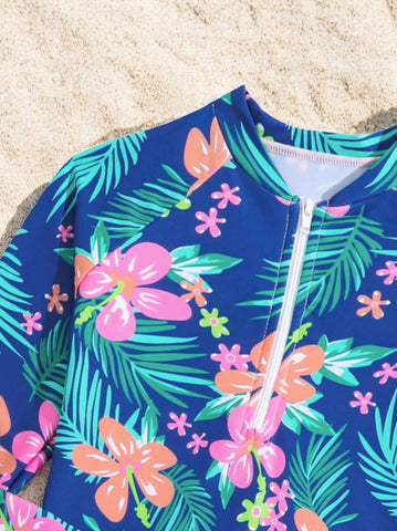 Girls Long Sleeve Palm Leaf Swimsuit