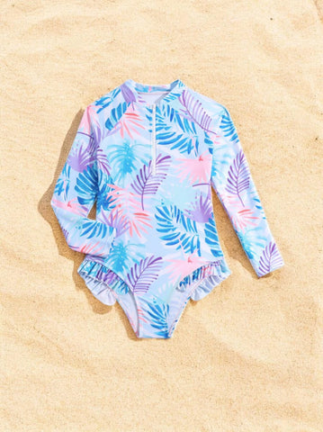 Girls Long Sleeve Palm Leaf Swimsuit