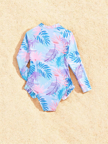 Girls Long Sleeve Palm Leaf Swimsuit