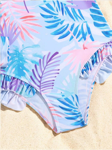 Girls Long Sleeve Palm Leaf Swimsuit