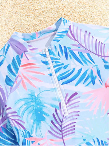 Girls Long Sleeve Palm Leaf Swimsuit