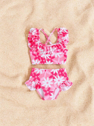 2 pc Baby Girl Floral Ruffle Tankini Swimsuit
