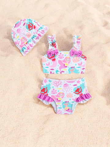 3 pc Baby Girl Vacay Print Tankini Swimsuit