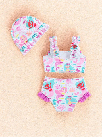 3 pc Baby Girl Vacay Print Tankini Swimsuit