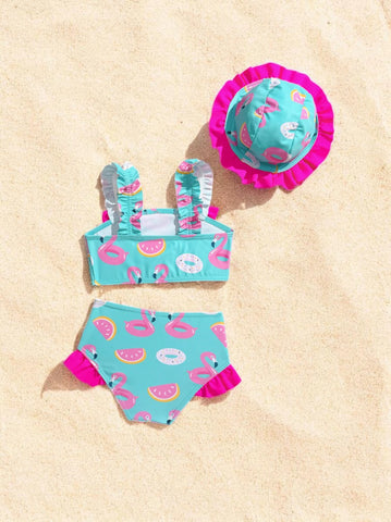 3 pc Baby Girl Vacay Print Tankini Swimsuit