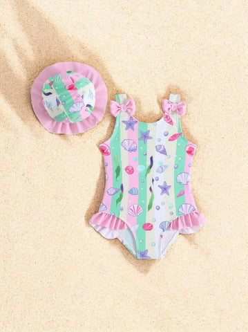 2 pc Baby Girl Seashells One-Piece Swimsuit w/ Hat