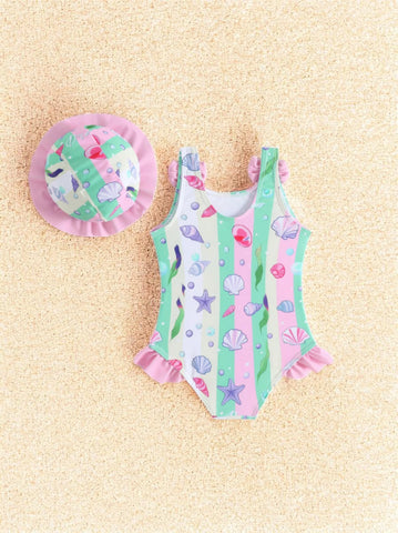 2 pc Baby Girl Seashells One-Piece Swimsuit w/ Hat