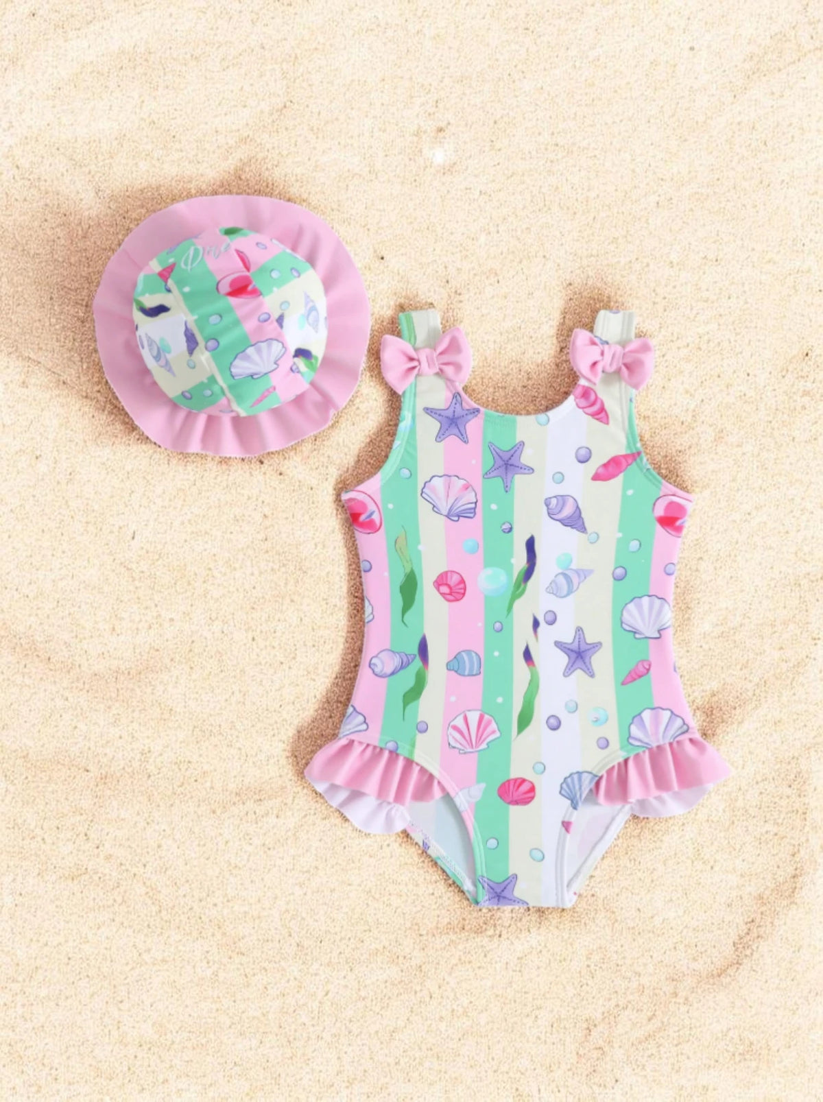 2 pc Baby Girl Seashells One-Piece Swimsuit w/ Hat