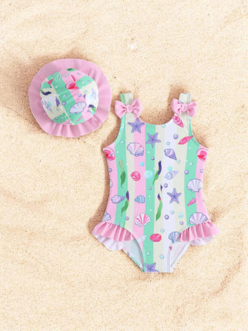 2 pc Baby Girl Seashells One-Piece Swimsuit w/ Hat