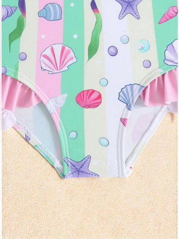 2 pc Baby Girl Seashells One-Piece Swimsuit w/ Hat