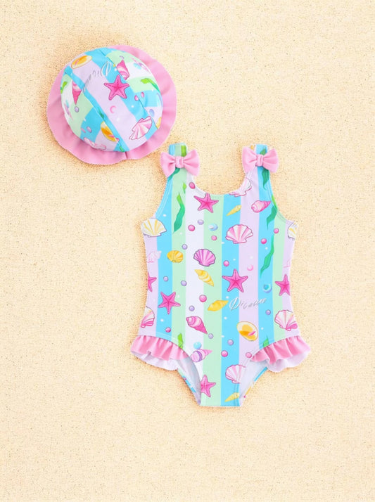 2 pc Baby Girl Seashells One-Piece Swimsuit w/ Hat
