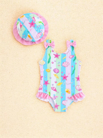 2 pc Baby Girl Seashells One-Piece Swimsuit w/ Hat