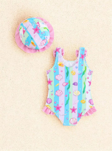 2 pc Baby Girl Seashells One-Piece Swimsuit w/ Hat