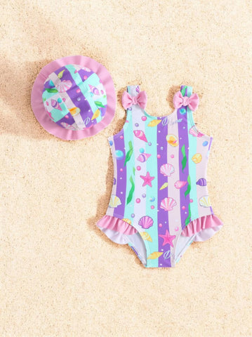 2 pc Baby Girl Seashells One-Piece Swimsuit w/ Hat