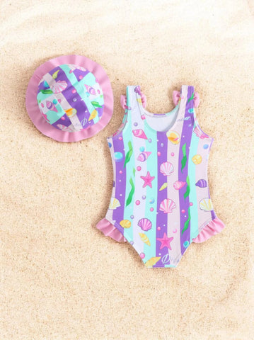 2 pc Baby Girl Seashells One-Piece Swimsuit w/ Hat