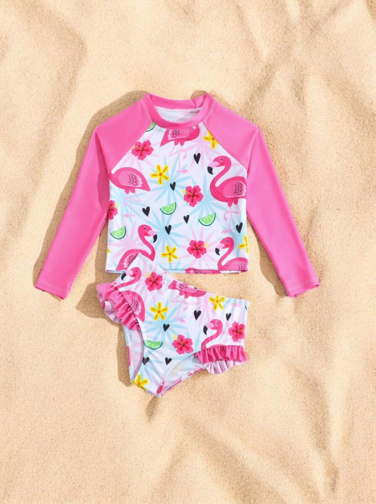 2 Pc Girls Long Sleeve Flamingo Tanikini Swimsuit