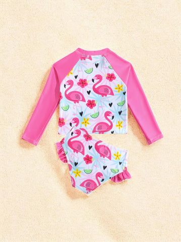 2 Pc Girls Long Sleeve Flamingo Tanikini Swimsuit