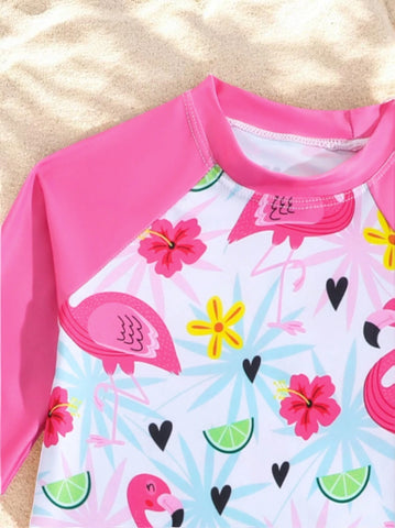 2 Pc Girls Long Sleeve Flamingo Tanikini Swimsuit