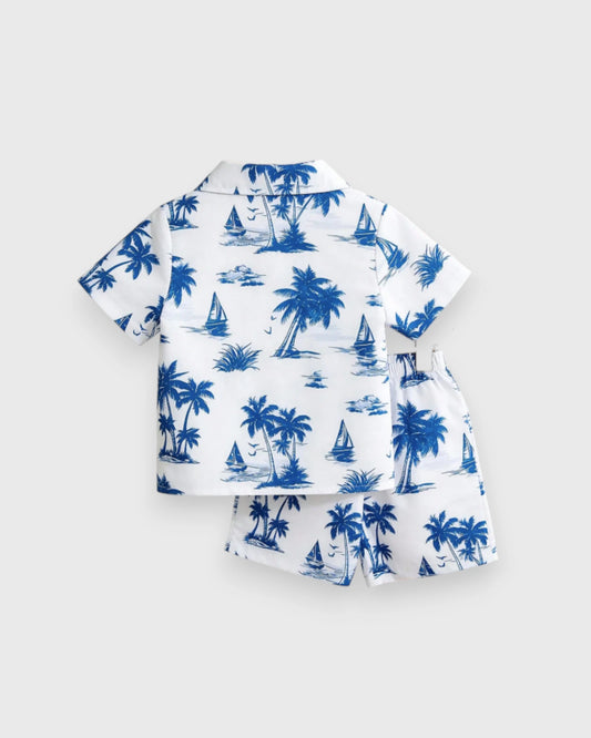 2 pc Baby Boy Palm & Sail Boat Button Up Shirt & Shorts Set