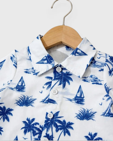 2 pc Baby Boy Palm & Sail Boat Button Up Shirt & Shorts Set