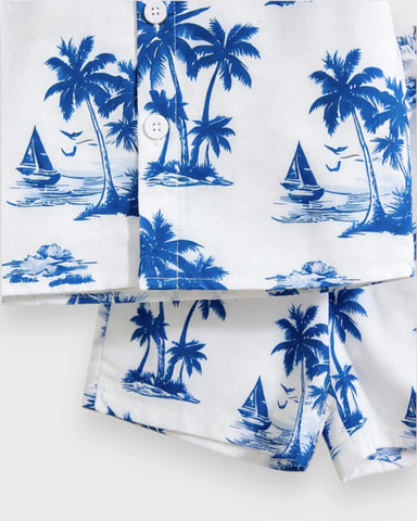 2 pc Baby Boy Palm & Sail Boat Button Up Shirt & Shorts Set