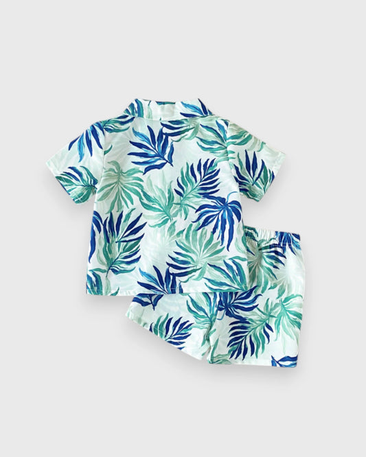 2 pc Baby Boy Leaf Print Button Up Shirt & Shorts Set