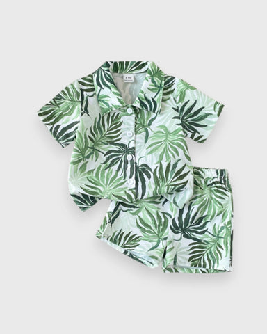 2 pc Baby Boy Leaf Print Button Up Shirt & Shorts Set