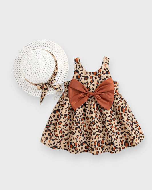 2 Pc Baby Girl Bow Back Leopard Dress w/ Sun Hat