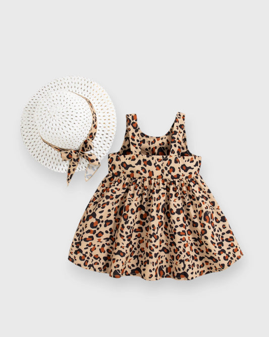 2 Pc Baby Girl Bow Back Leopard Dress w/ Sun Hat