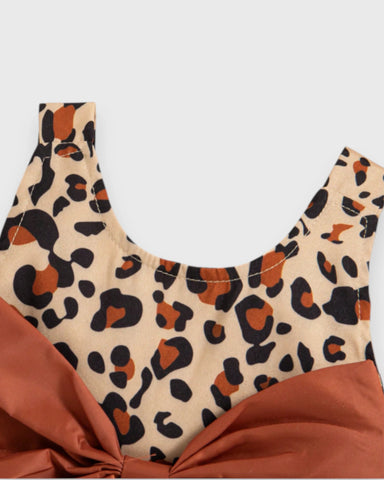 2 Pc Baby Girl Bow Back Leopard Dress w/ Sun Hat