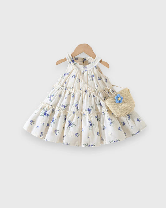 2 Pc Baby Girl Blue Floral Tiered Halter Dress w/ Bag