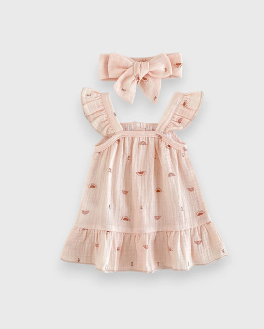 2 Pc Baby Girl Sun & Rainbow Print Cotton Low Waist Dress