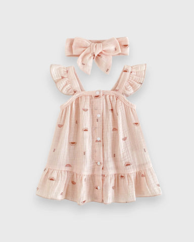 2 Pc Baby Girl Sun & Rainbow Print Cotton Low Waist Dress