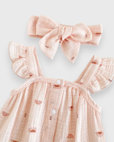 2 Pc Baby Girl Sun & Rainbow Print Cotton Low Waist Dress