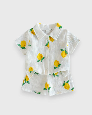 2 pc Baby Boy Fruit Print Button Up Shirt & Shorts Set