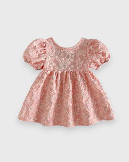 Baby Girl Brocade Puff Sleeve Contrast Bow Dress