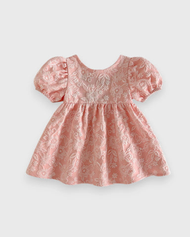 Baby Girl Brocade Puff Sleeve Contrast Bow Dress