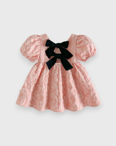 Baby Girl Brocade Puff Sleeve Contrast Bow Dress