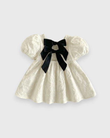 Baby Girl Brocade Puff Sleeve Contrast Bow Dress