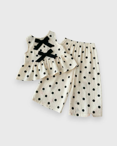 2 Pc Girls Polka Dot Bow Back Top & Wide Pants Set