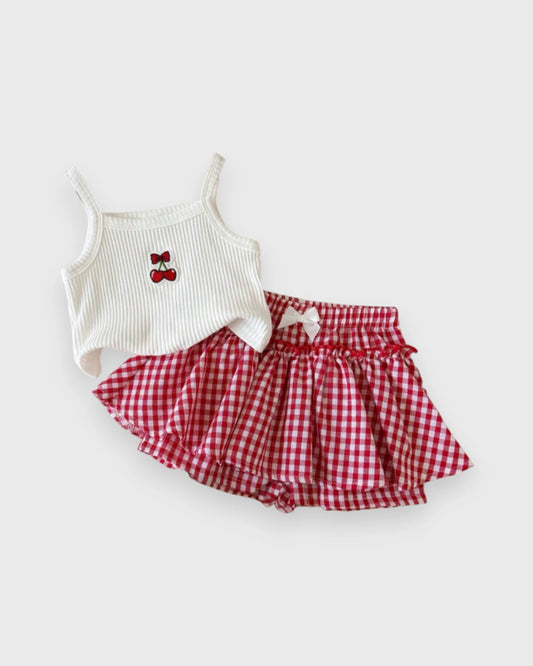 2 Pc Baby Girl Cherry Hearts Cami & Gingham Shorts