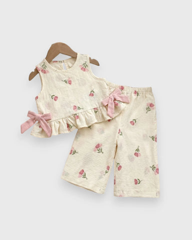 2 Pc Baby Girl Flower Patterned Ruffle Shirt & Wide Pants Set