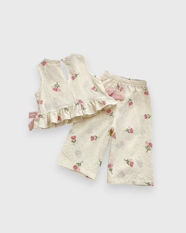 2 Pc Baby Girl Flower Patterned Ruffle Shirt & Wide Pants Set