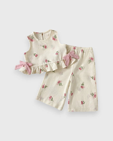 2 Pc Baby Girl Flower Patterned Ruffle Shirt & Wide Pants Set