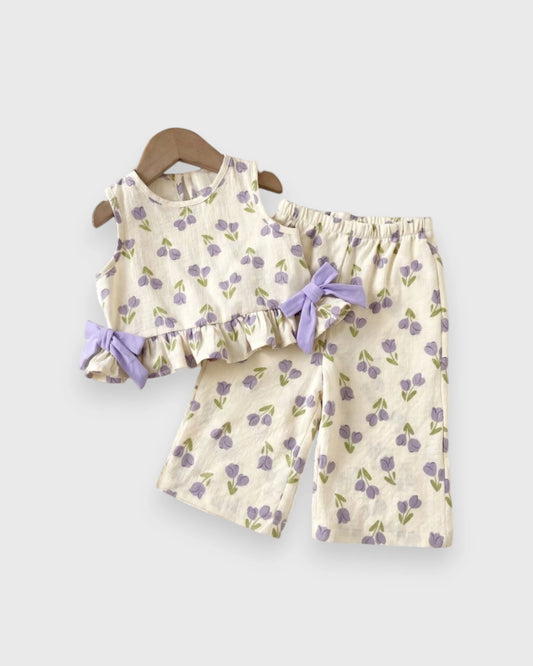 2 Pc Baby Girl Flower Patterned Ruffle Shirt & Wide Pants Set