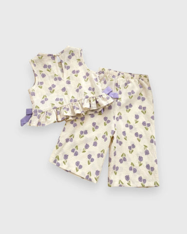 2 Pc Baby Girl Flower Patterned Ruffle Shirt & Wide Pants Set