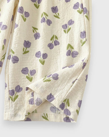 2 Pc Baby Girl Flower Patterned Ruffle Shirt & Wide Pants Set